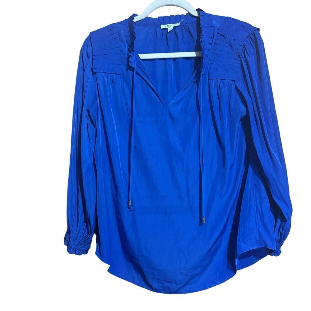 Chicos Top Womens 4 Blue Solid Ruffle Neck Pleated Blouse Ladies